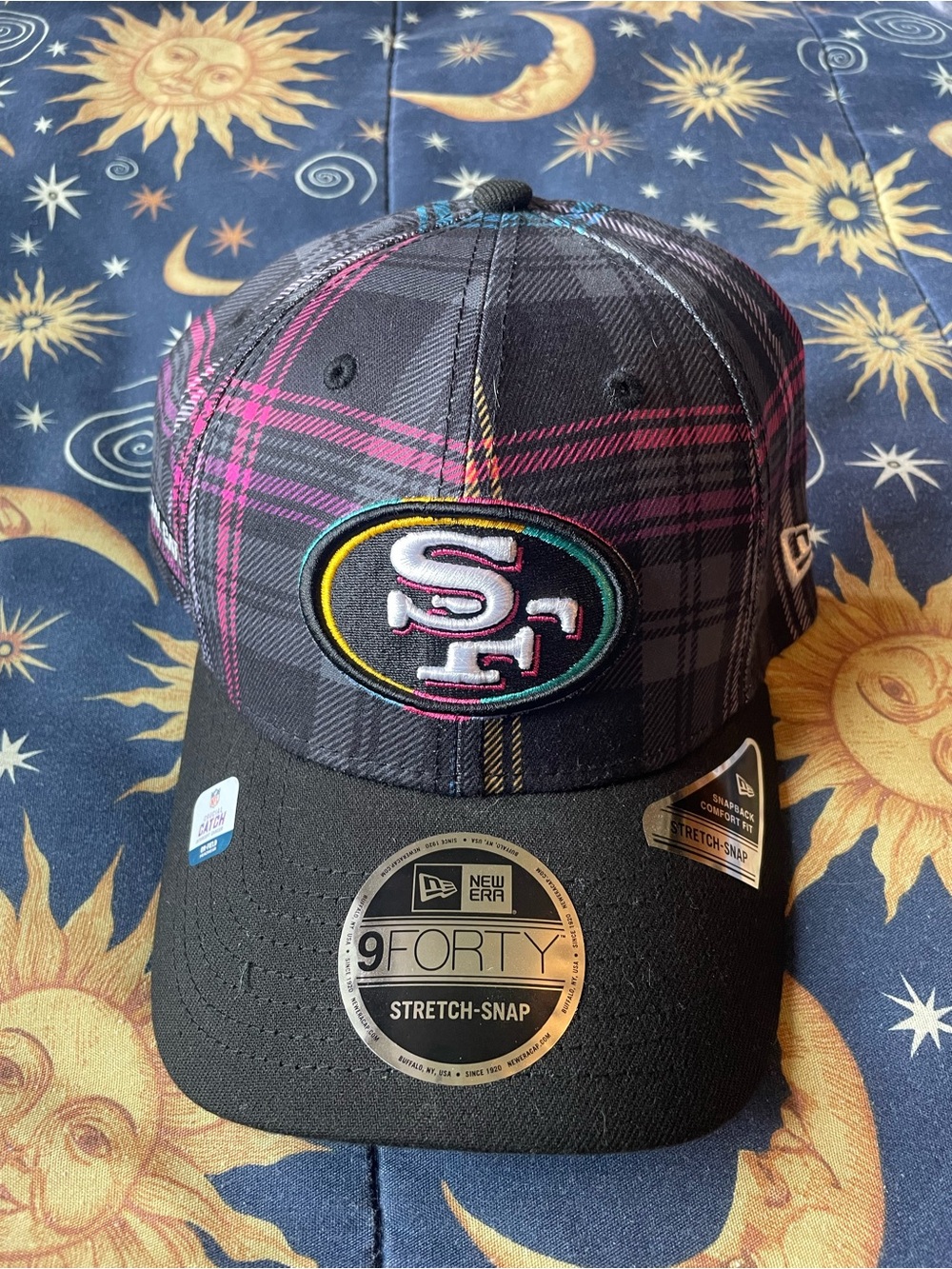 New Era Black Plaid SF Patch Stretch-Snap Cap with Pink & Teal Accents